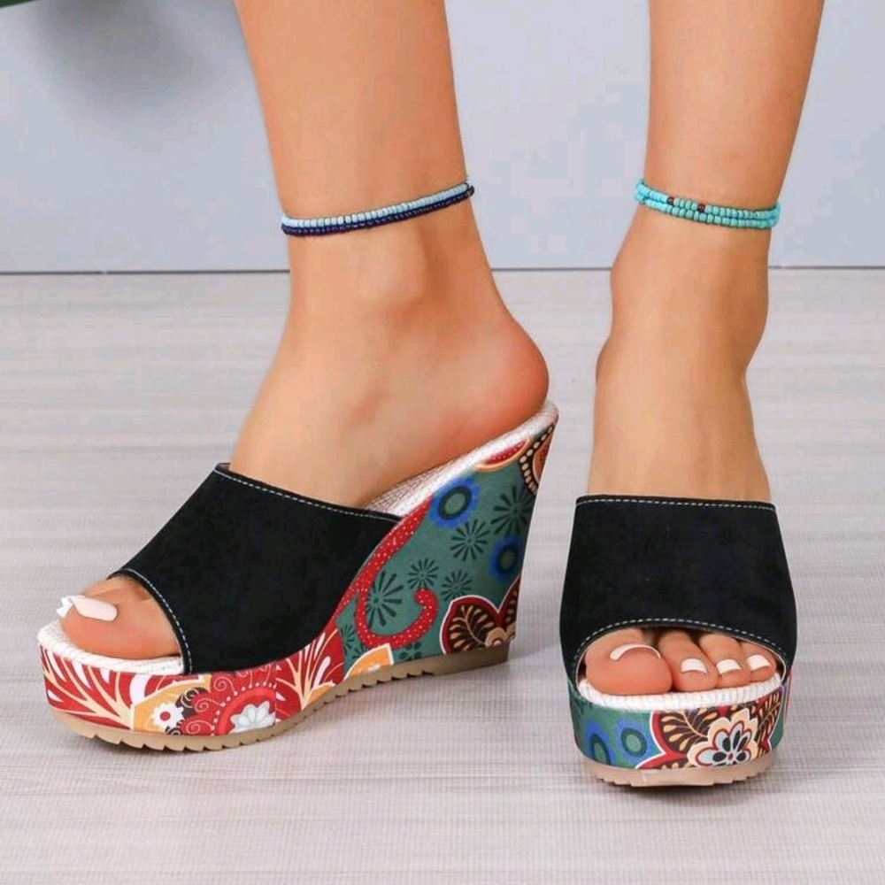 Women's Wedge Heeled Sandals, Floral Print Peep Toe Slip-On High Heels - Picture 3 of 5